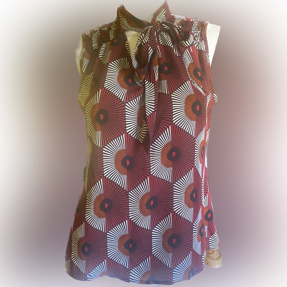 Ladies mod geometric tie neck art print sleeves blouse contempo causal - Picture 2 of 5